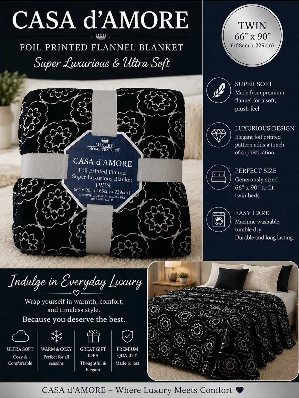 🩷. 8098. Black Foil Printed Flannel Blanket - Twin
